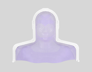 Thermoplastic radiotherapy immobilisation masks — perforated polymer shells mounted on S-frame base plates in violet, blue and green colourways